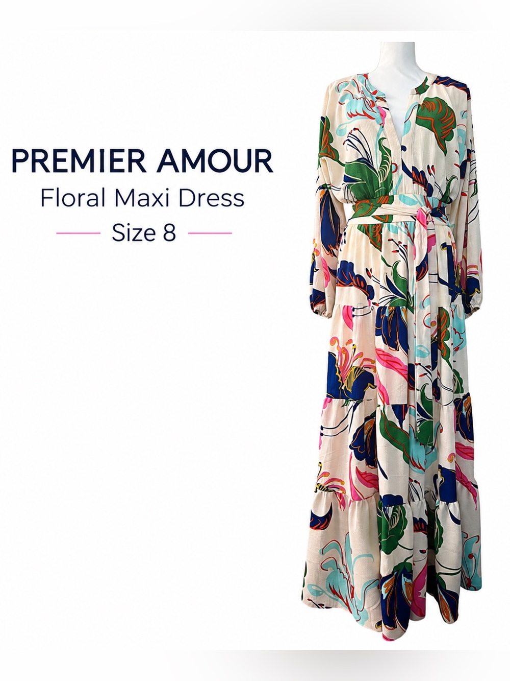 Premier Amour Floral Tiered Maxi Dress Belted Long Sleeve Size 8